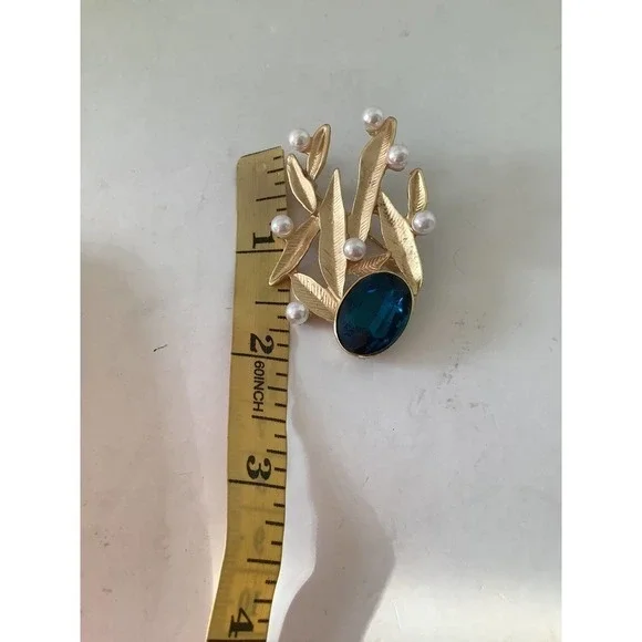 GOLD LEAVES, PEARLS AND CRYSTAL BROOCH - Picture 6 of 6
